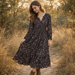 Old Navy Sz L Black Floral Midi Dress Boho Whimsy Goth Fairy Grunge Festival